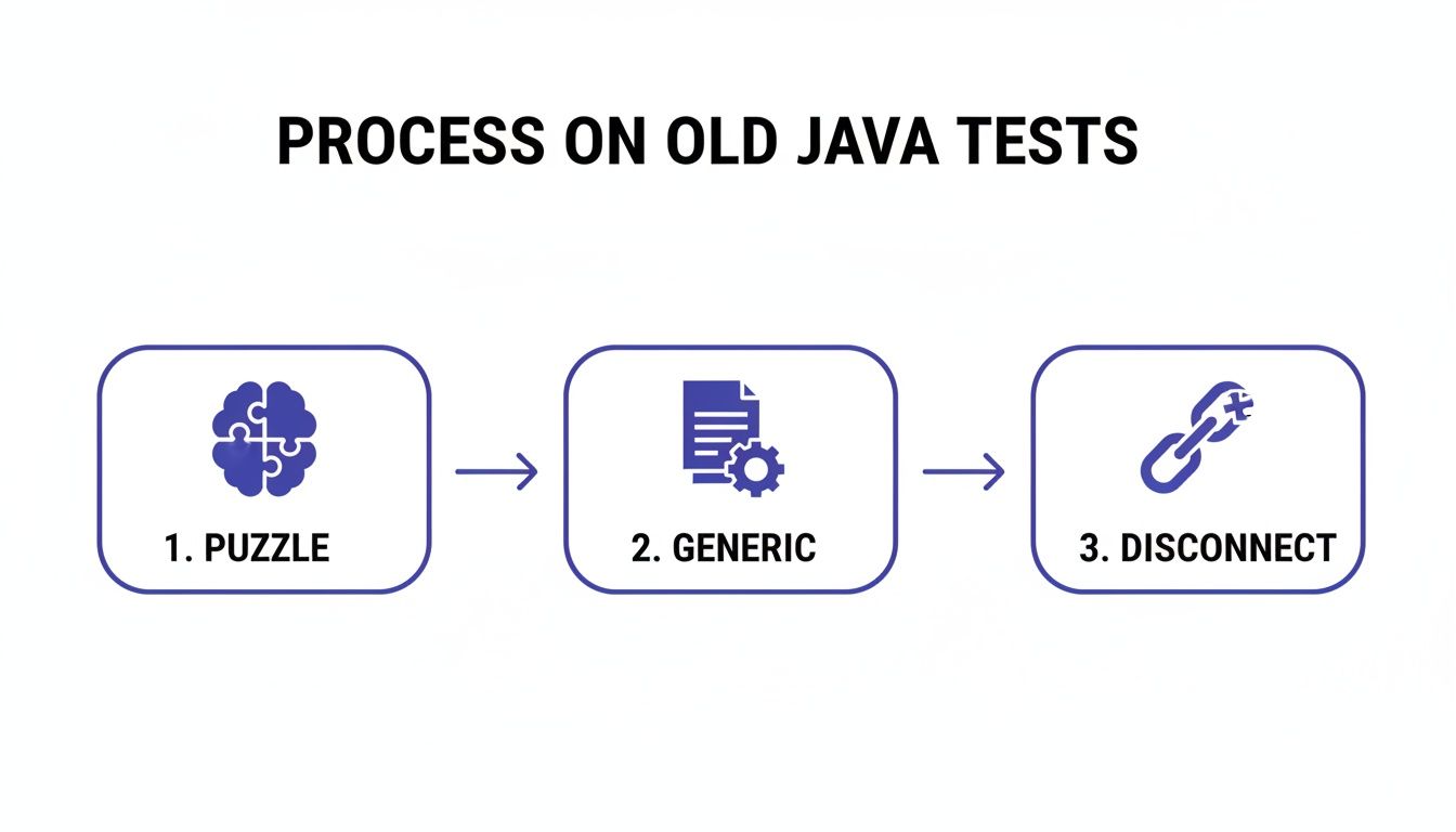 A flowchart illustrates the process on old Java tests: 1. Puzzle, 2. Generic, 3. Disconnect.