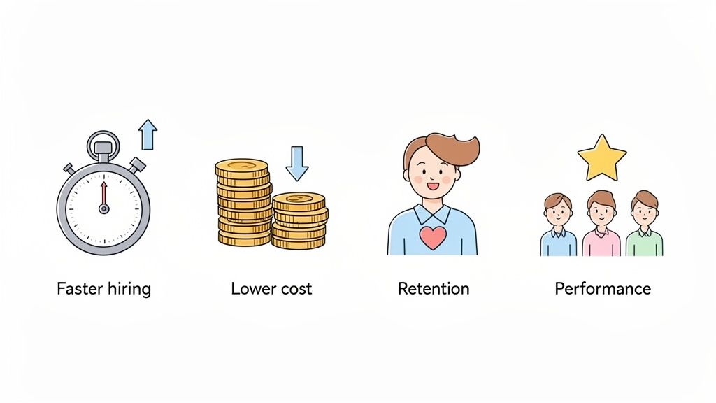 Four icons illustrate benefits: faster hiring, lower cost, employee retention, and improved performance metrics.