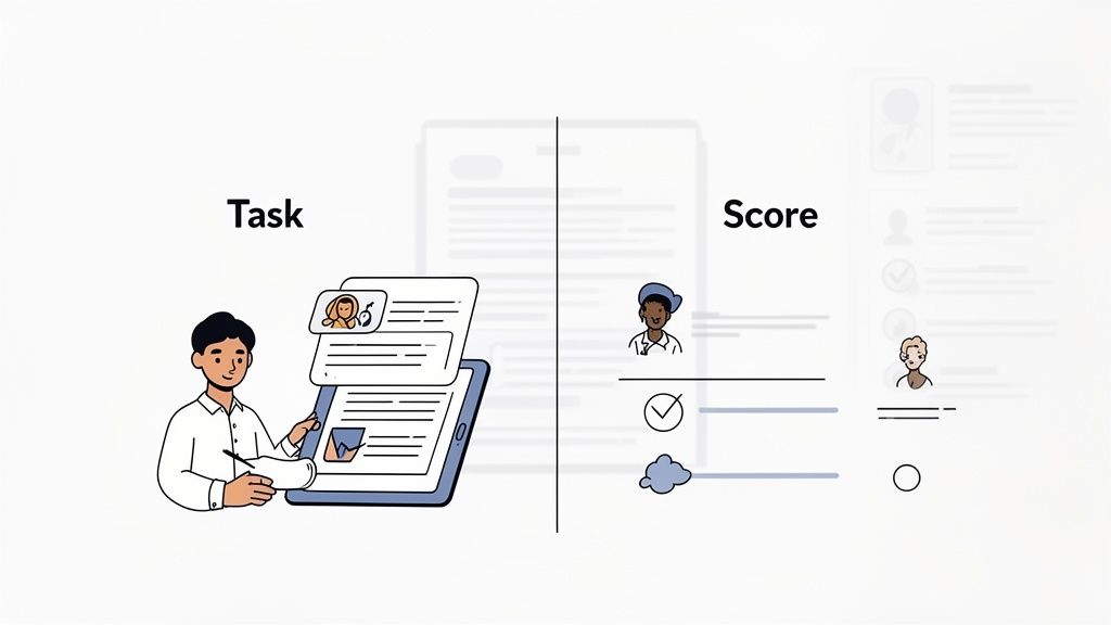An illustration of a person reviewing a candidate's resume on a tablet, next to a system for scoring and evaluating profiles.