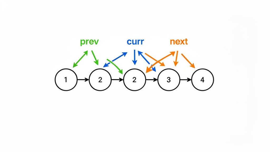 A linked list diagram showing nodes 1, 2, 2, 3, 4, with prev, curr, and next pointers.