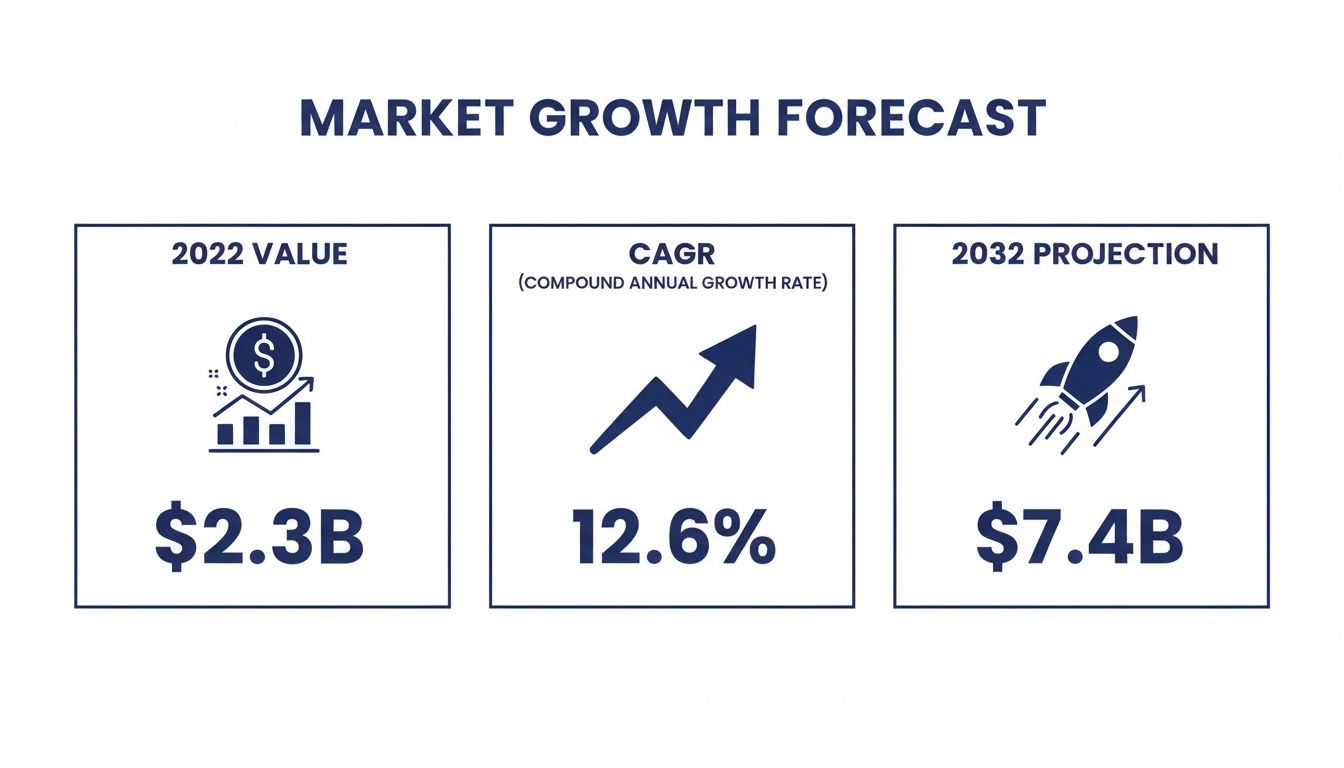 Market growth forecast displaying 2022 value, compound annual growth rate, and 2032 projection.