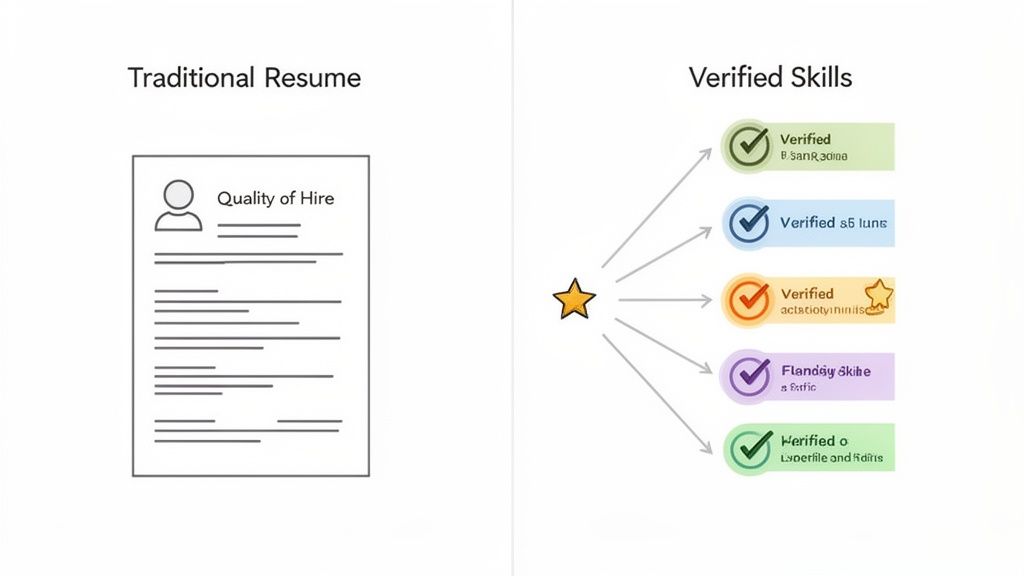 An infographic comparing a traditional resume to multiple verified skills, suggesting a shift in hiring practices.