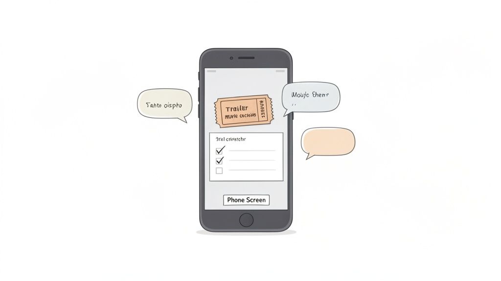 A hand-drawn smartphone displaying a movie ticket, a checklist, and three speech bubbles.