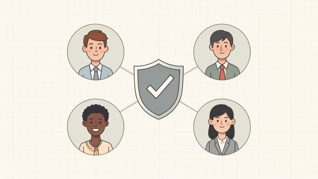 Four diverse individuals connected to a central shield with a checkmark, symbolizing team security.