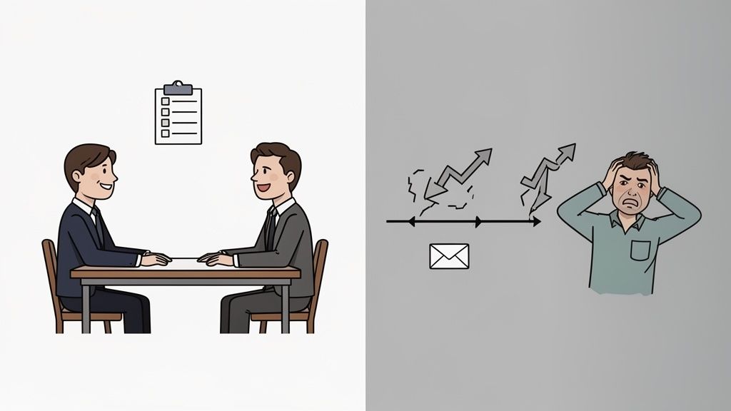 Illustration contrasting a positive interview with a stressful communication process leading to a distressed man.