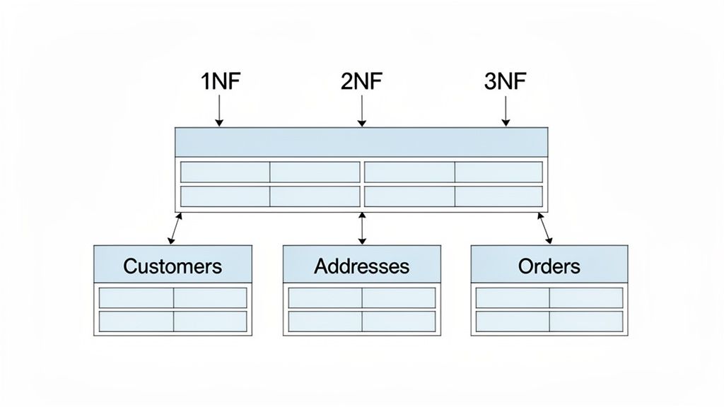 A diagram illustrating database normalization from 1NF to 3NF, showing data split into Customers, Addresses, and Orders tables.
