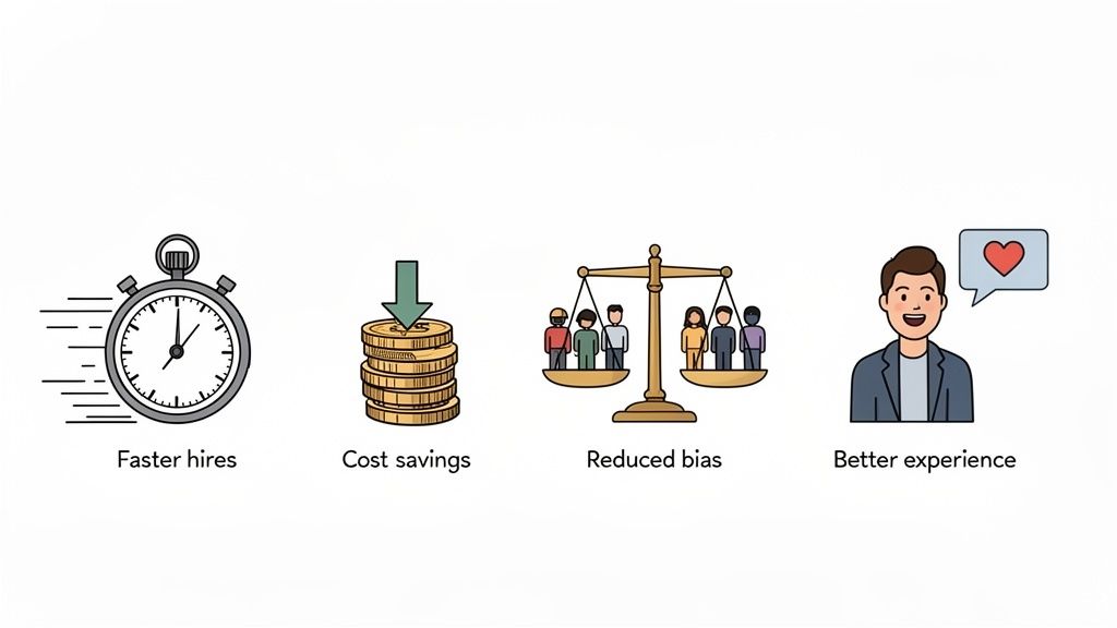 Four icons illustrating benefits: faster hires (stopwatch), cost savings (coins), reduced bias (scale), and better experience (happy person).