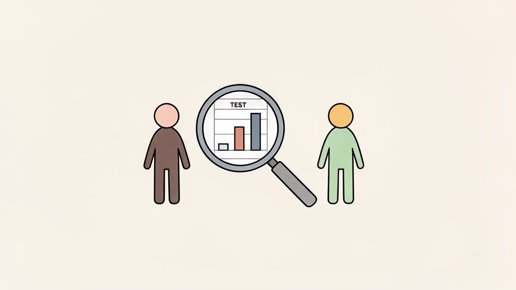 Two stylized figures separated by a magnifying glass showing a bar chart with 'TEST' label.