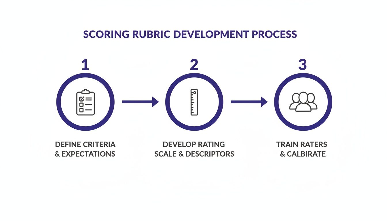 A three-step diagram outlining the scoring rubric development process: define criteria, develop rating scale, and train raters.