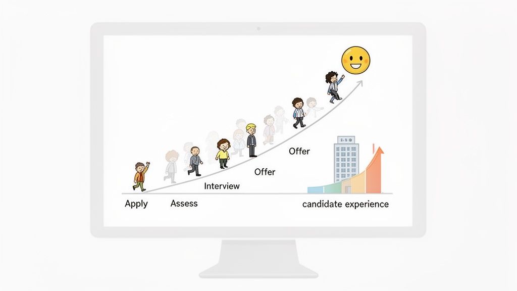 Diagram illustrating the candidate experience, showing steps from apply to offer and happy outcome.