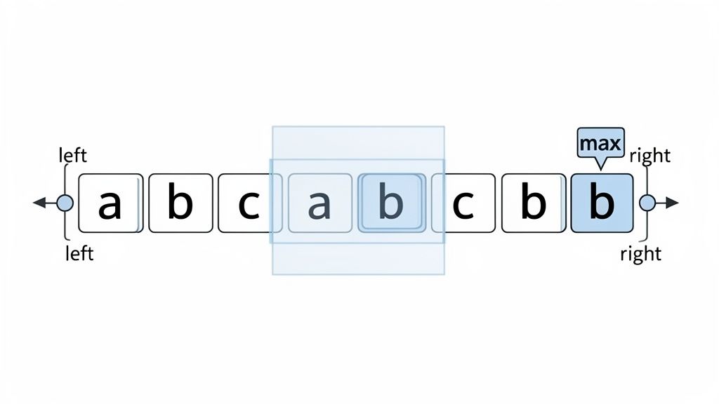Diagram of a character sequence 'a b c a b c b b' with pointers, a sliding window, and a max element.