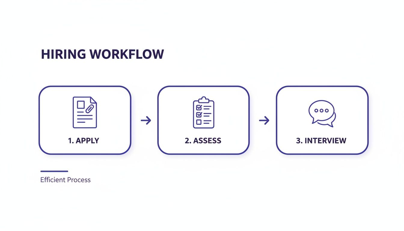 A visual diagram illustrating a three-step hiring workflow: Apply, Assess, and Interview processes.