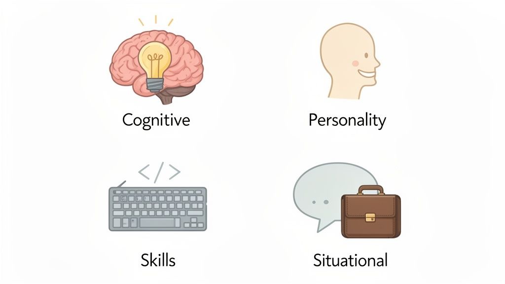 Four key elements of pre-employment assessment: cognitive, personality, skills, and situational factors, each with an icon.