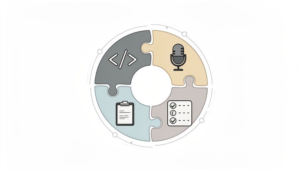 Four puzzle pieces forming a circle, showing code, microphone, clipboard, and checklist icons.