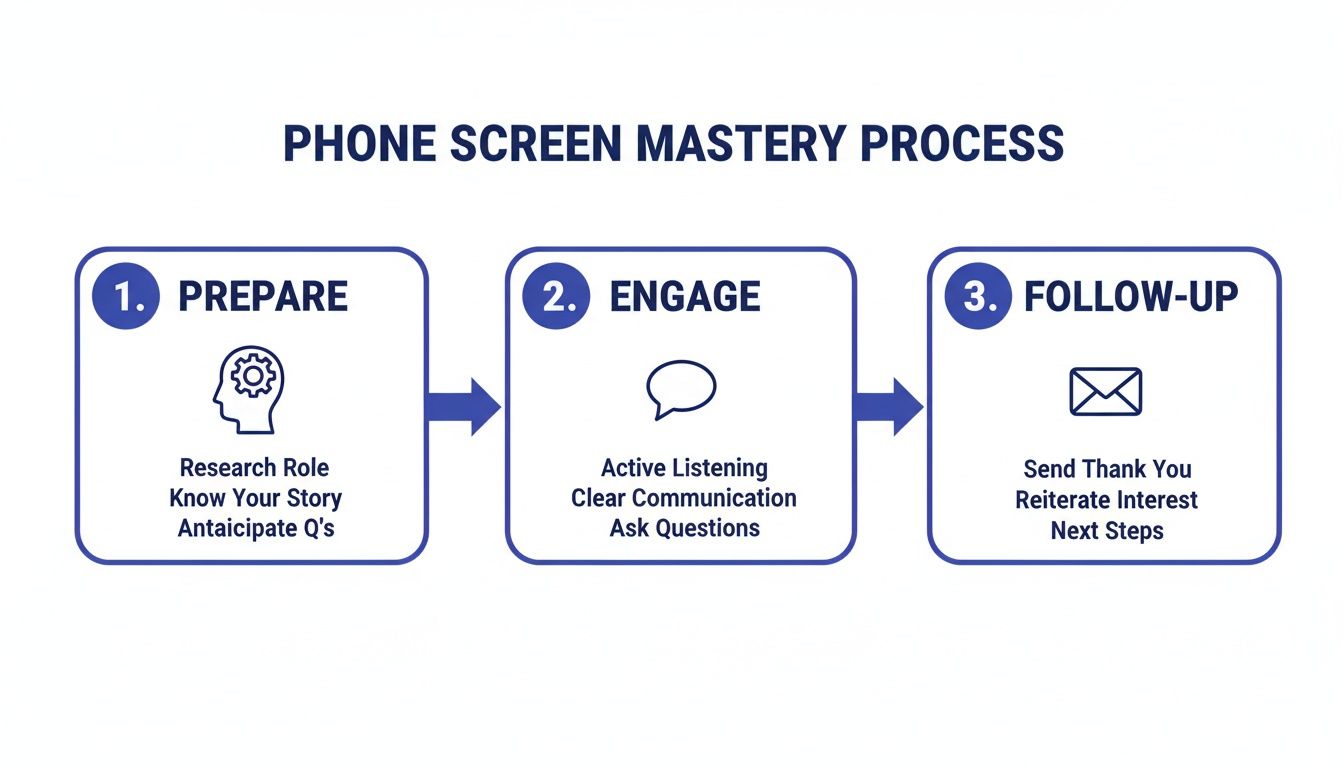 A diagram outlining the 3-step Phone Screen Mastery Process: Prepare, Engage, and Follow-Up.