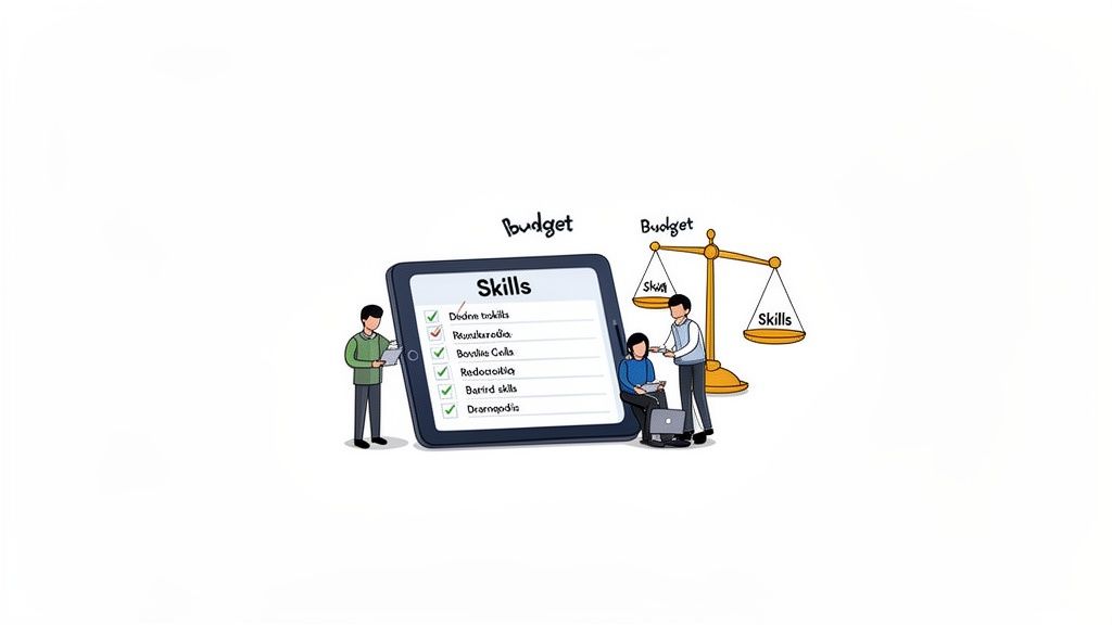 Illustration of people evaluating skills and budget, with a digital tablet showing a checklist and a balance scale.