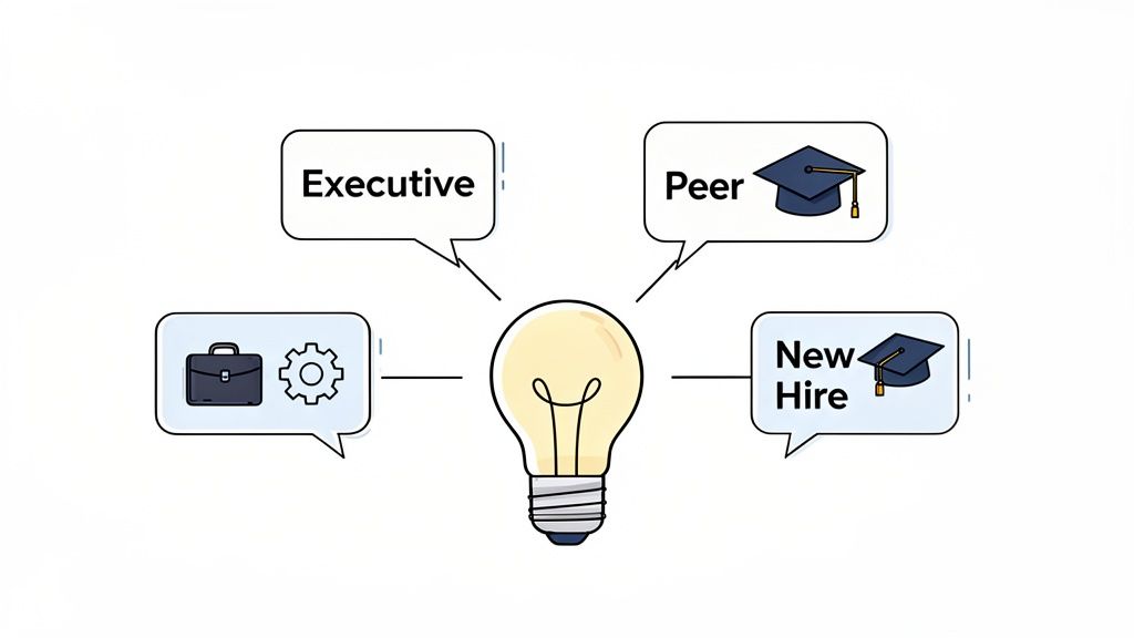 A lightbulb symbolizing ideas, surrounded by speech bubbles representing Executive, Peer, New Hire, and work icons.