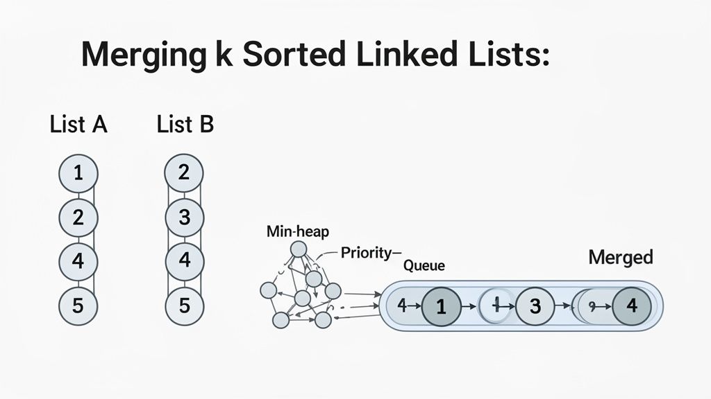 Diagram showing two sorted linked lists (A, B) being merged into one using a min-heap.