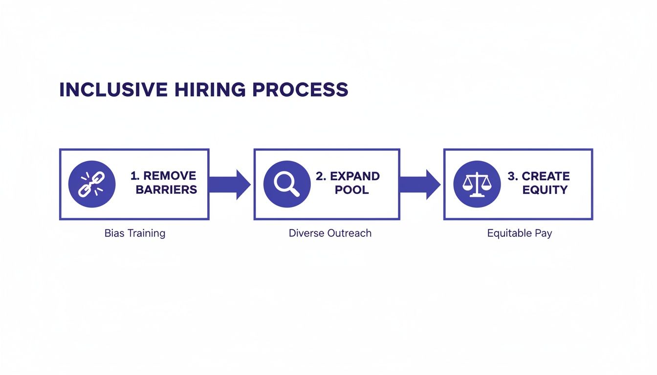 A diagram outlines a three-step inclusive hiring process: removing barriers, expanding the candidate pool, and creating equity.