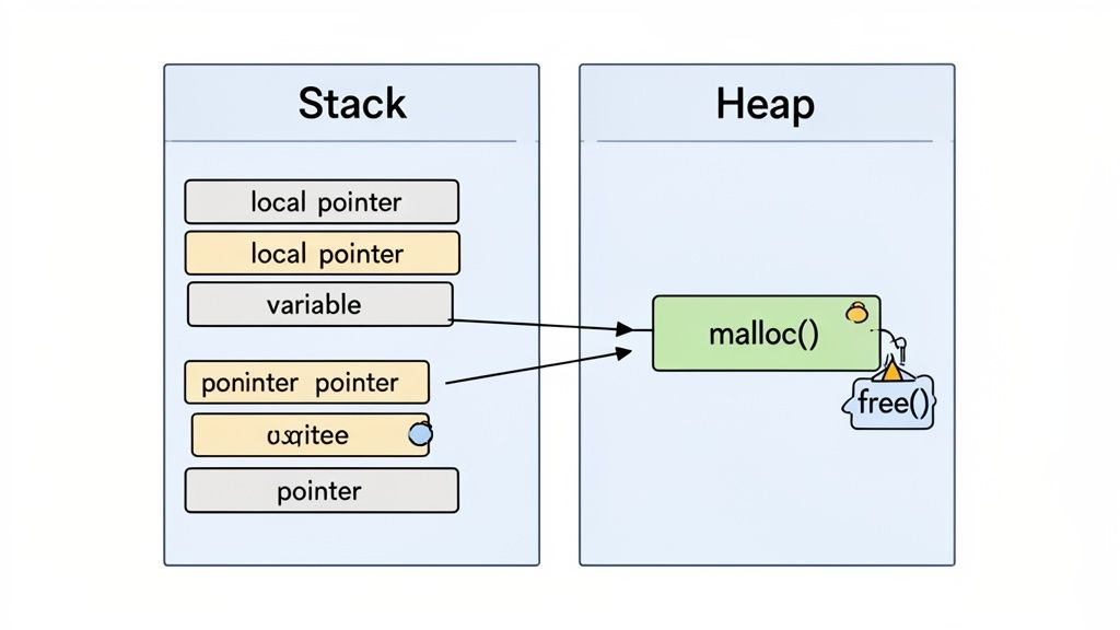 Diagram illustrating stack and heap memory, with stack pointers referencing a malloc'd block on the heap, showing free().