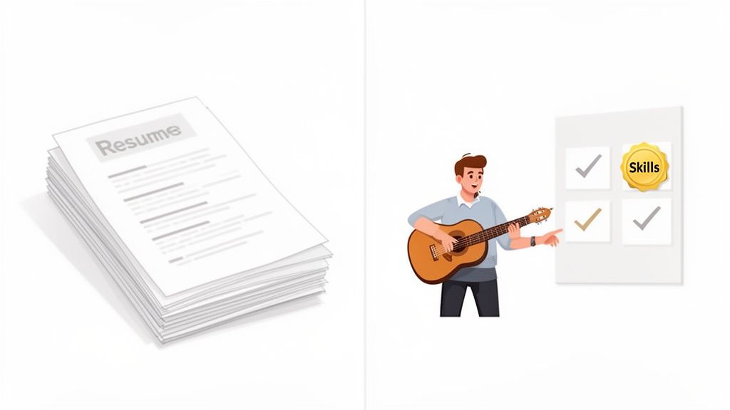 A stack of paper resumes on the left and a man playing guitar with a skills board on the right.