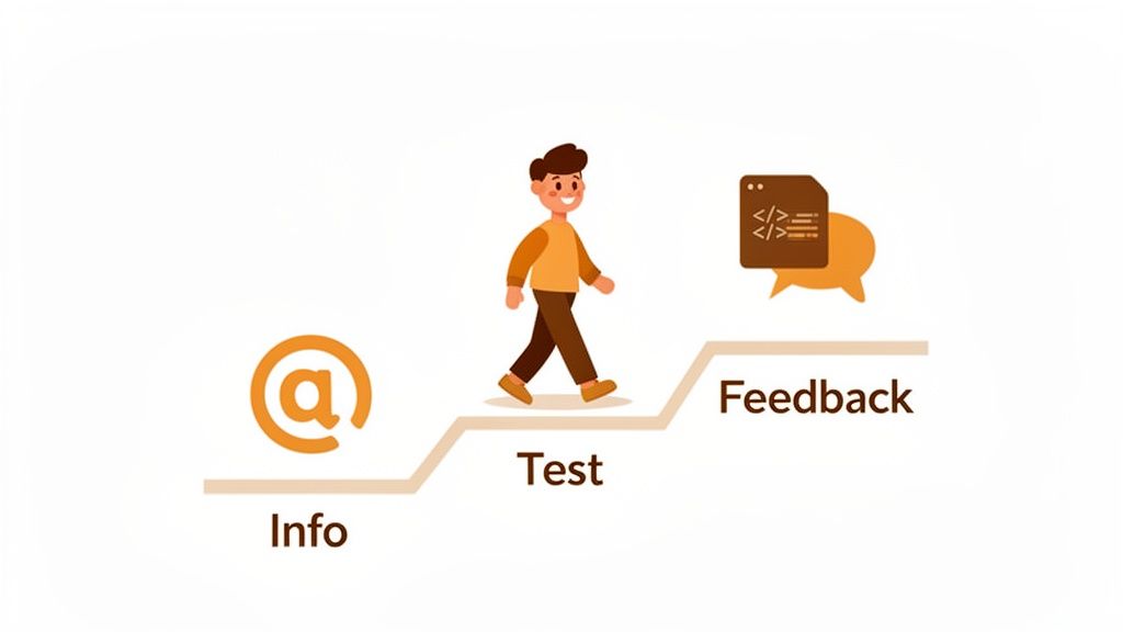 An illustration of a person walking up steps labeled Info, Test, and Feedback, representing a process.