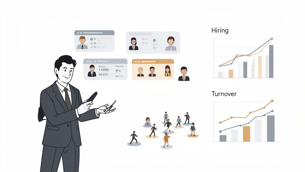 A business professional reviews HR data, employee profiles, and analytics for hiring and turnover.