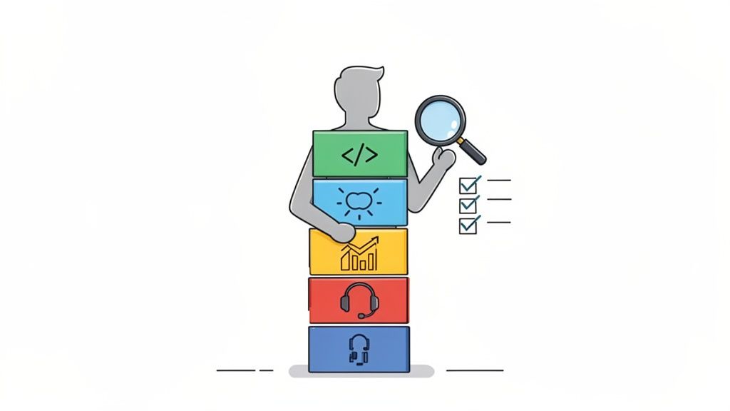 A person made of colorful blocks representing professional skills holds a magnifying glass, reviewing a checklist.