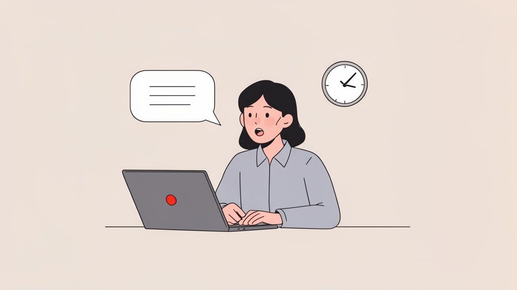 An illustration of a woman working on a laptop with a speech bubble and a clock.
