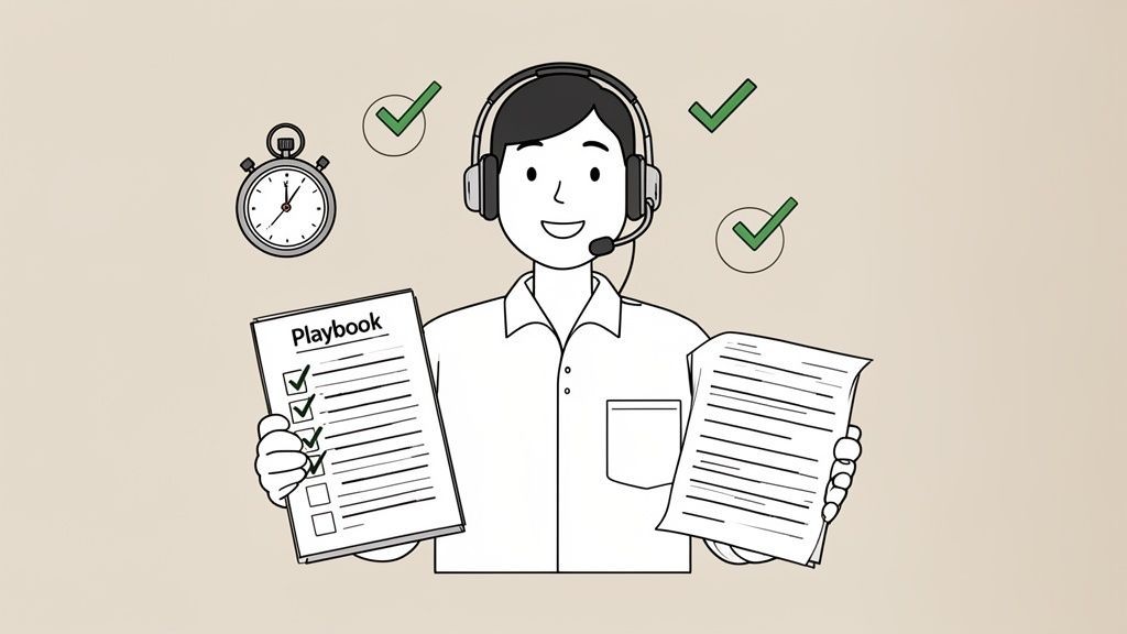 An illustration of a customer support agent with a headset holding a playbook and documents, surrounded by checkmarks and a stopwatch.