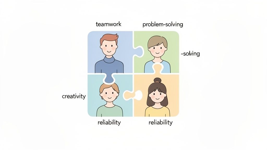 Four cartoon people in puzzle pieces illustrating teamwork, problem-solving, creativity, and reliability.
