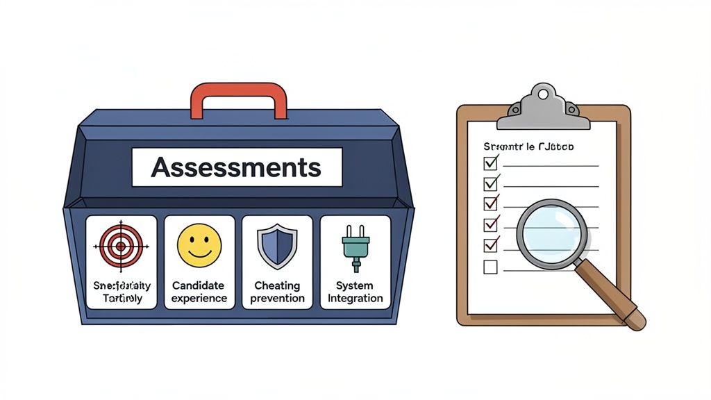 An 'Assessments' toolbox displays features like targeting, candidate experience, cheating prevention, and system integration, beside a checklist.