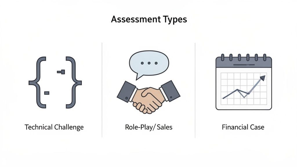 Three icons representing different assessment types: technical challenge, role-play/sales, and financial case.