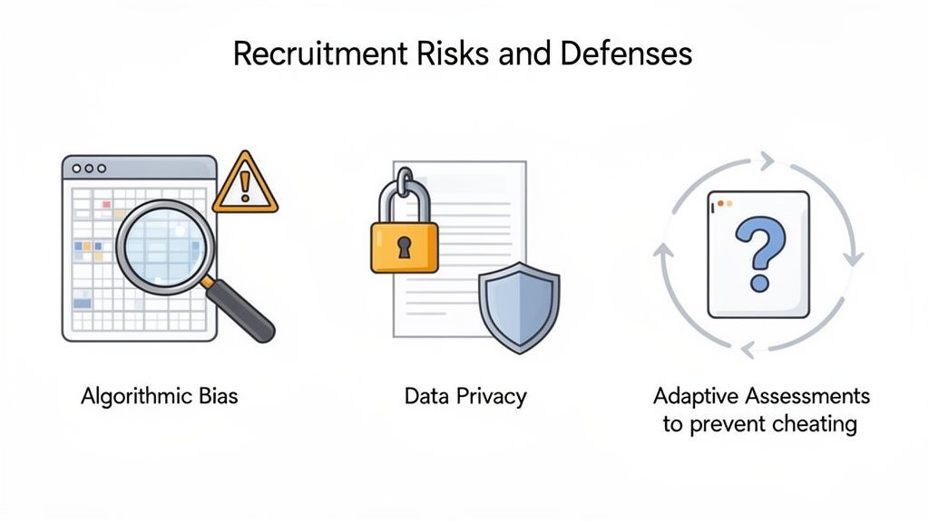 Illustrates recruitment risks and defenses: algorithmic bias, data privacy, and adaptive assessments.