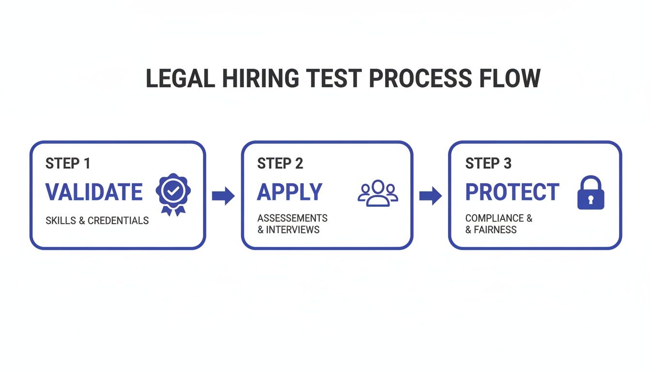 A three-step legal hiring test process flow illustrating skill validation, application, and compliance protection.