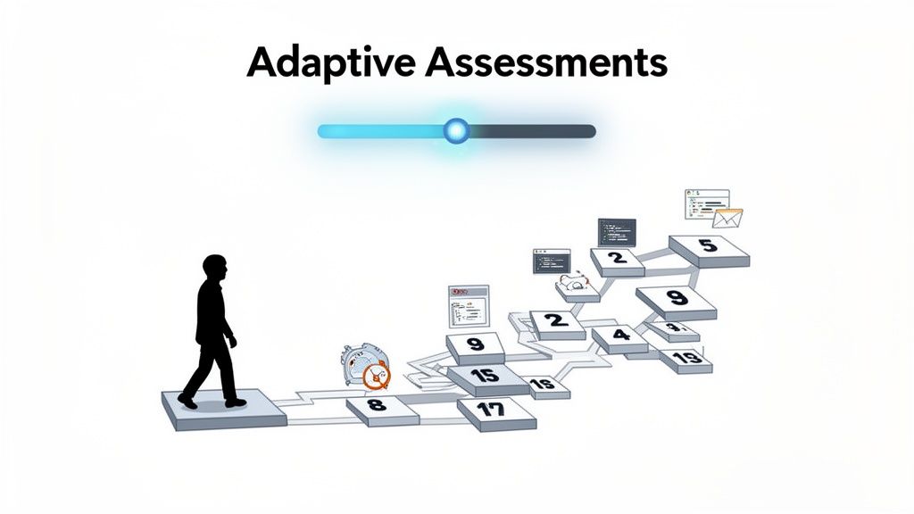 Illustration of adaptive assessments, showing a person navigating a path of numbered blocks with a progress slider.