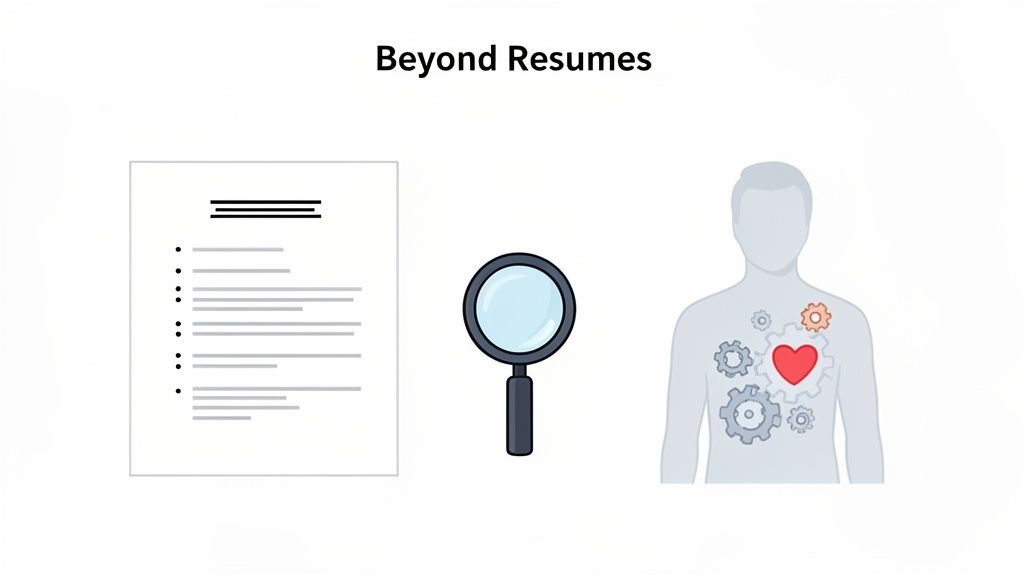 An illustration showing a resume, a magnifying glass, and a human torso with gears and a heart, symbolizing personality assessment.