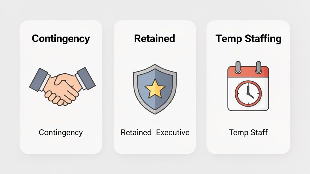 Three cards showcasing different staffing and recruitment solutions: Contingency, Retained Executive, and Temp Staff.