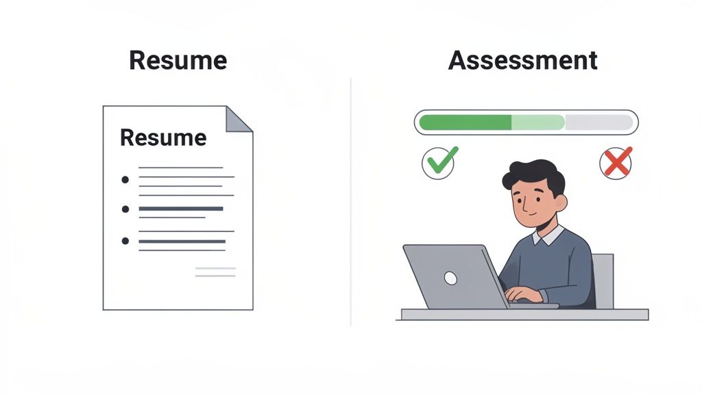 An illustration comparing a paper resume document with a person taking a pre-employment assessment on a laptop.