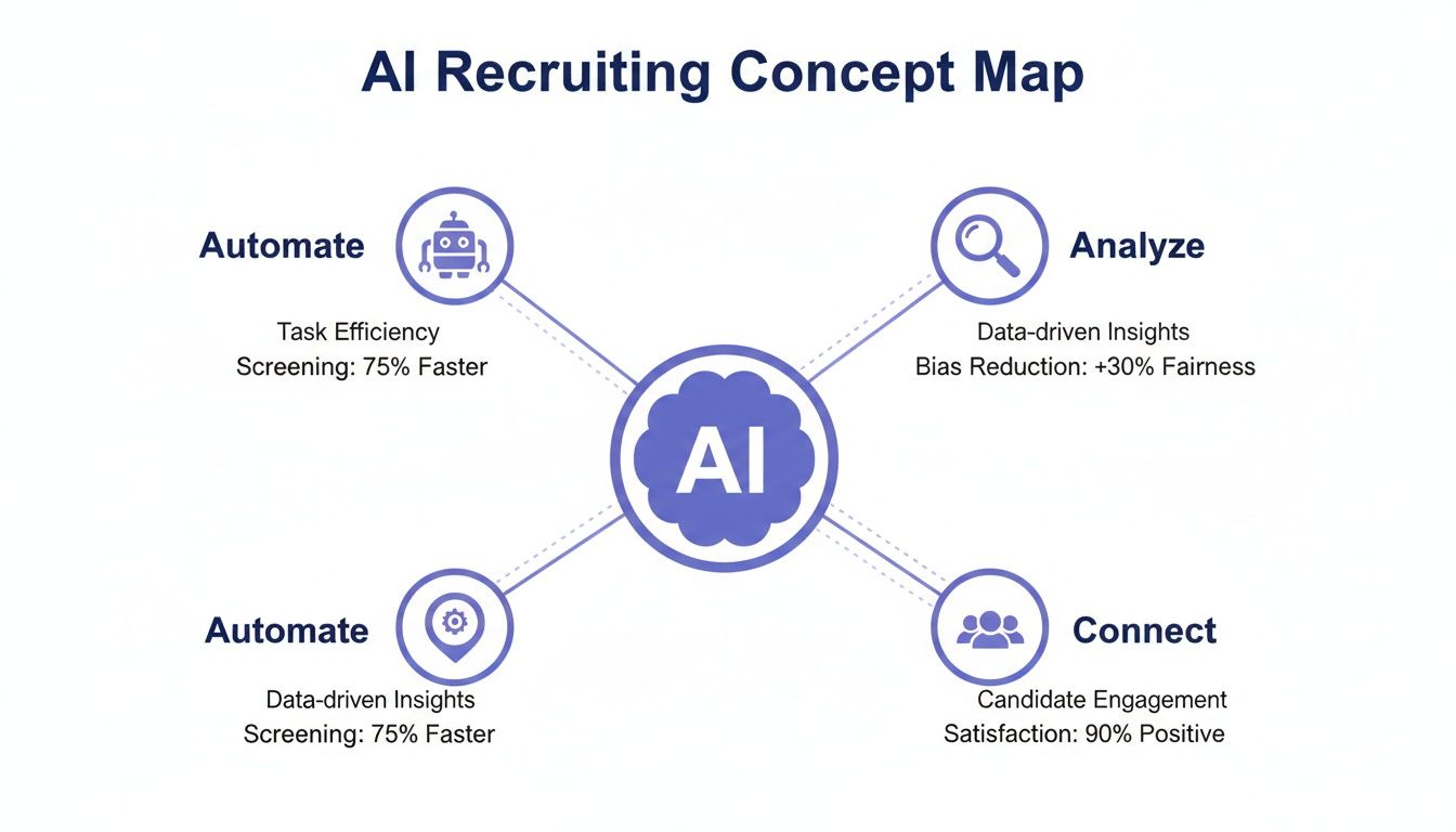 AI recruiting concept map demonstrating automation, analysis, and connection for efficient and fair recruitment processes.