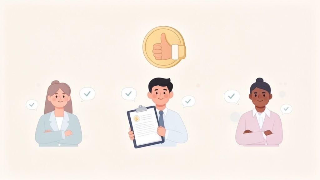 Diverse professionals with approval checkmarks and a golden thumbs-up coin representing content validity.