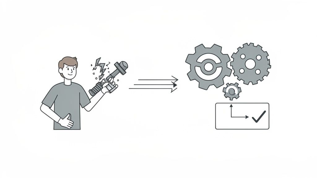 An illustration of a person operating a tool, triggering a gear mechanism that leads to a successful outcome.