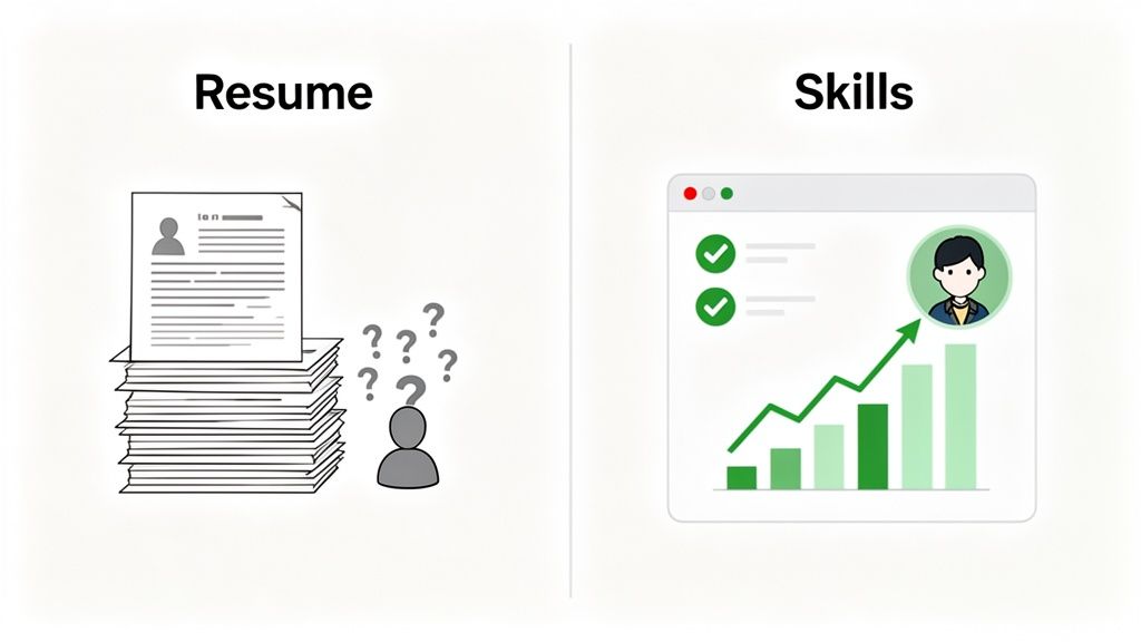 Comparison of traditional resume screening with modern skills-based candidate assessment tools.