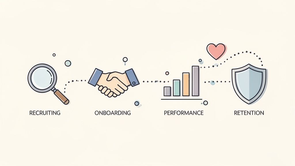 An illustration of the HR employee lifecycle stages: recruiting, onboarding, performance, and retention, with corresponding icons.