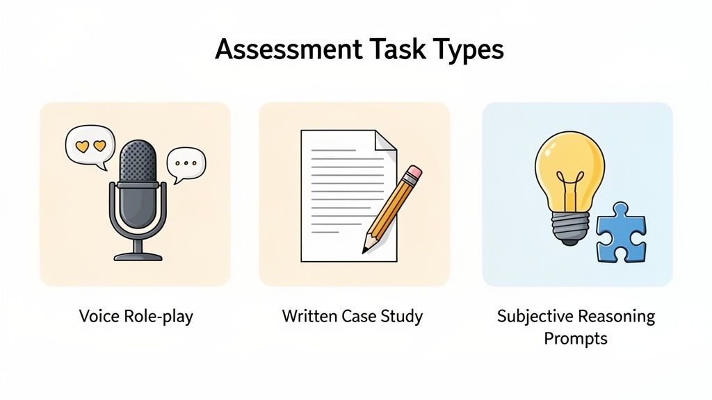 Illustration showing three assessment task types: voice role-play, written case study, and subjective reasoning.