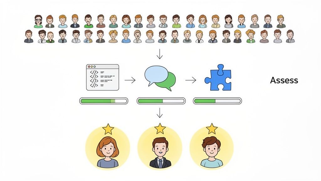 Illustration showing a candidate assessment process with stages like coding, communication, and problem-solving.