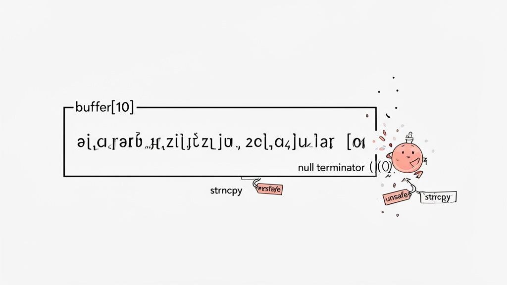 Illustration of a buffer[10] overflow with 'strncpy' causing an explosion due to 'unsafe' string copy.