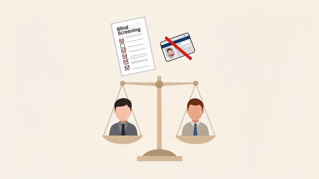 Blind screening process illustration with balanced scales, two men, a checklist, and a crossed-out ID card.