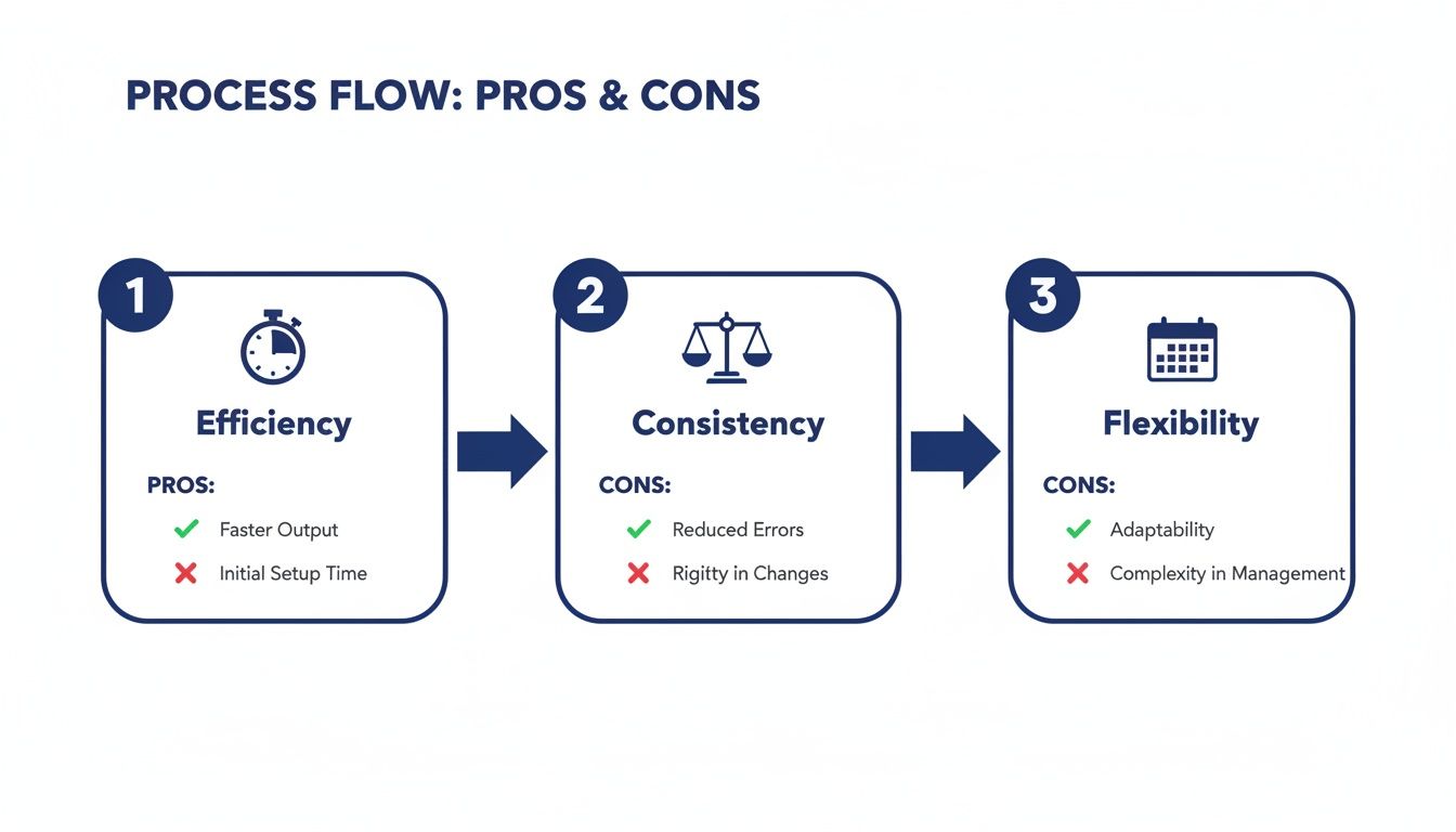 A three-step process flow diagram detailing pros and cons of efficiency, consistency, and flexibility.