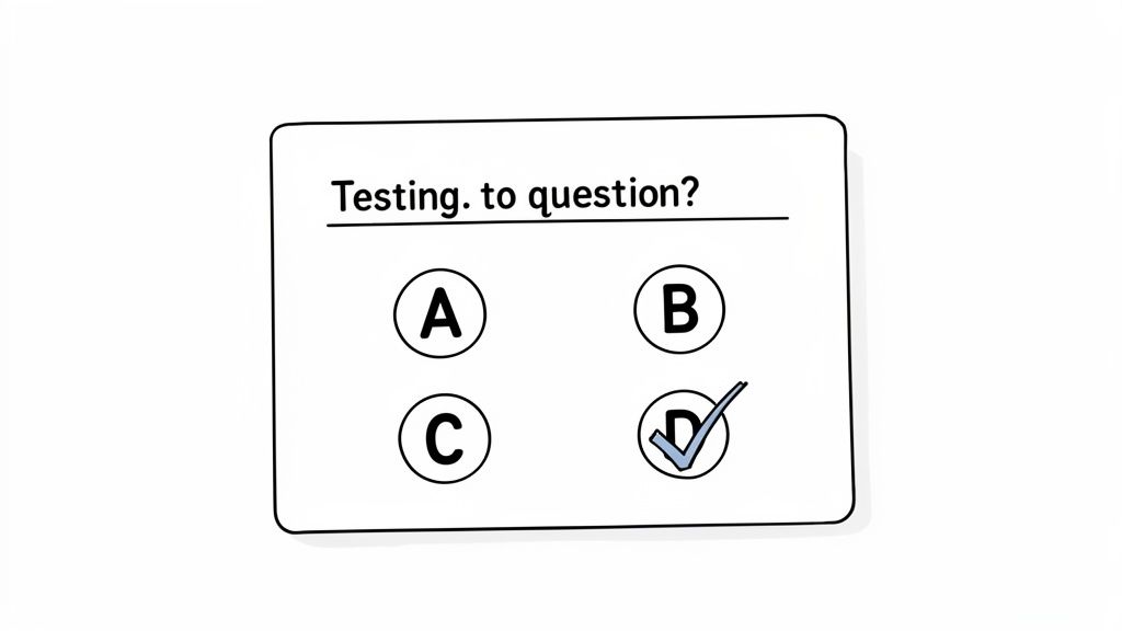 A hand-drawn multiple-choice test paper with 'Testing. to question?' and option D checked.